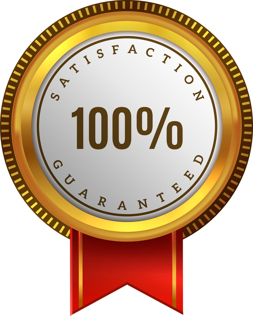 Satisfaction guarantee badge with red ribbon. High quality label
